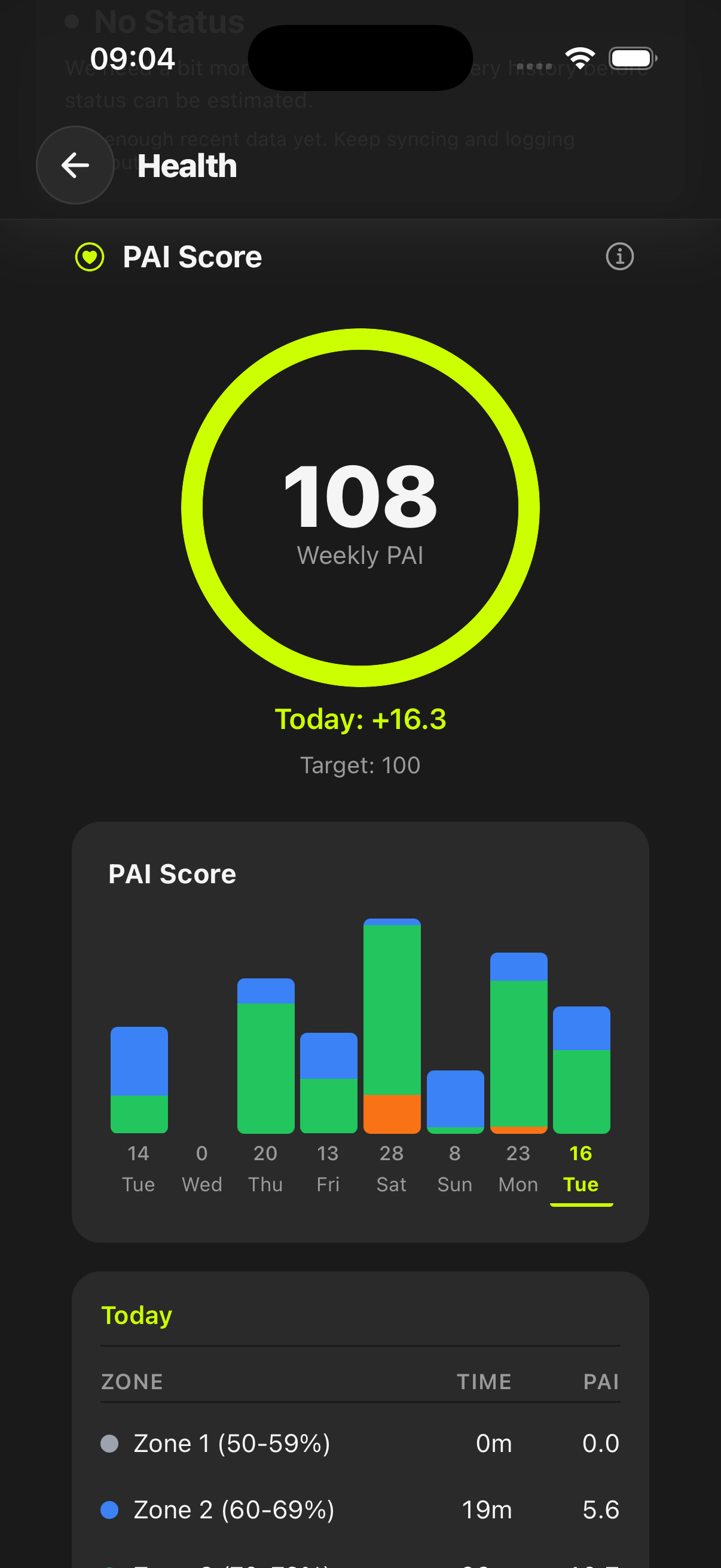 Health PAI Score view showing a weekly score of 108, today's contribution, a daily chart, and heart-rate-zone details
