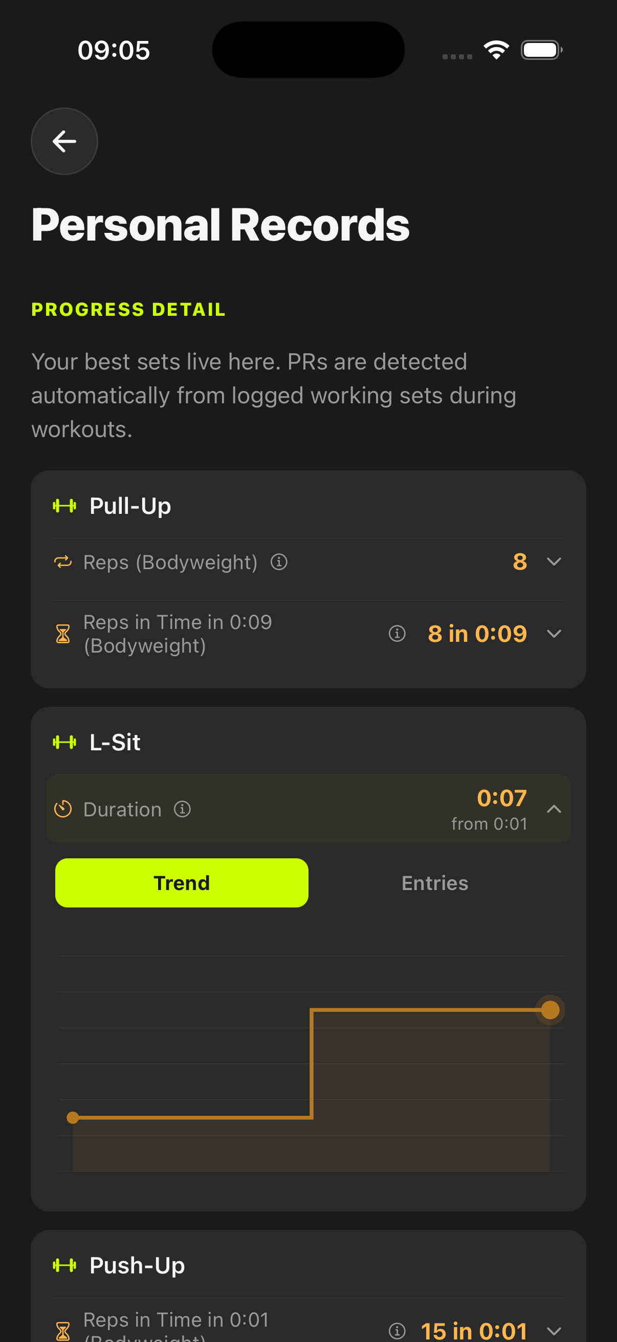 untraind personal records screen with pull-up and L-sit records and a progress trend