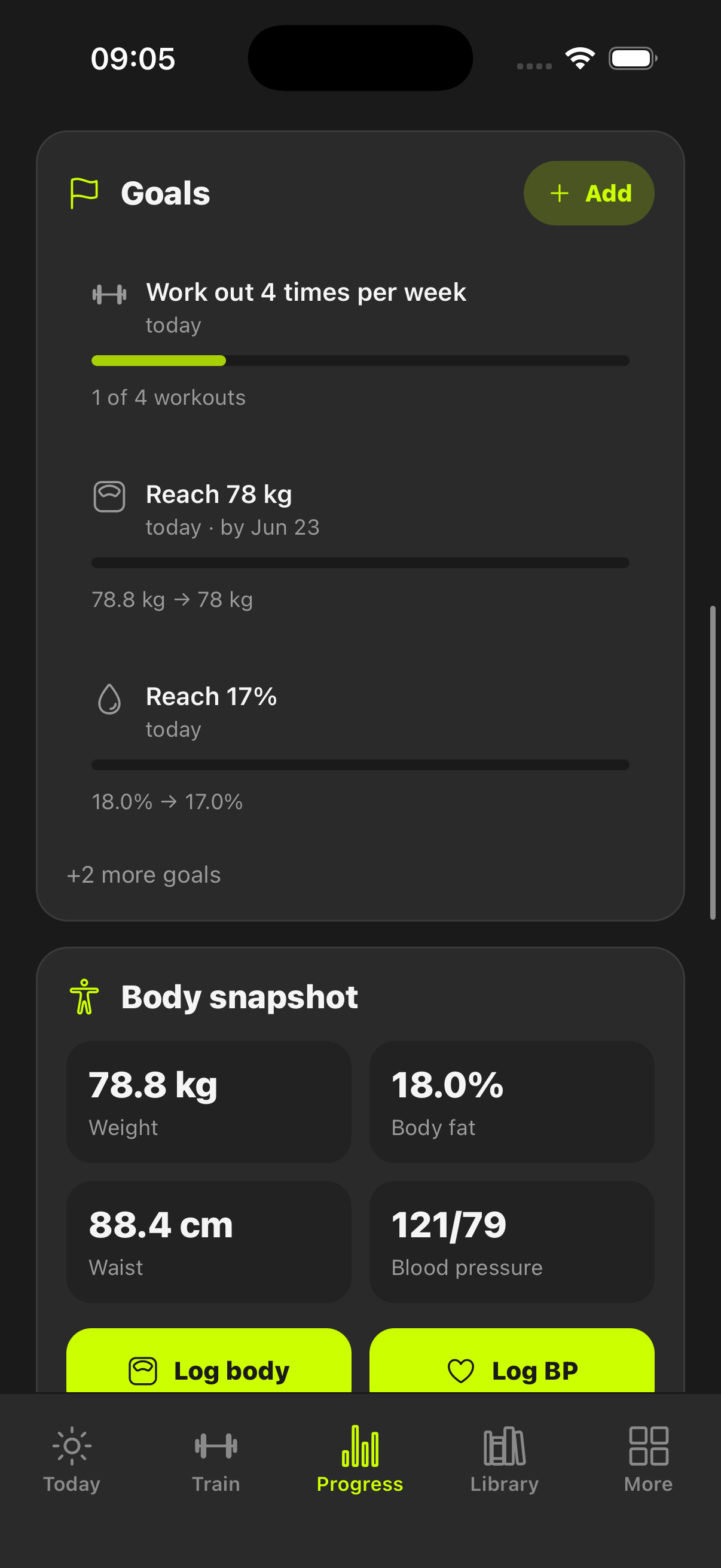 Progress screen with workout, bodyweight, and body fat goals