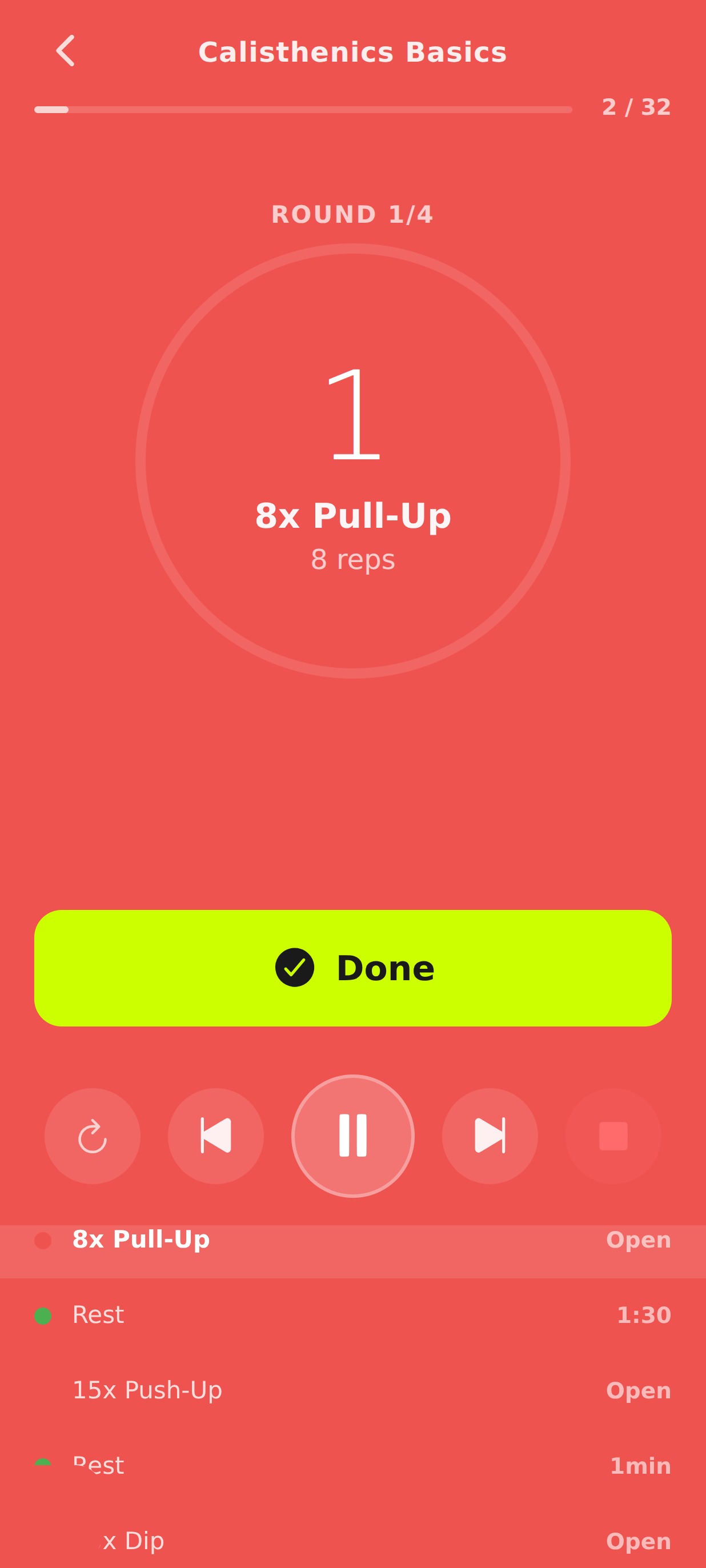 untraind workout execution screen with active pull-up set and Done action
