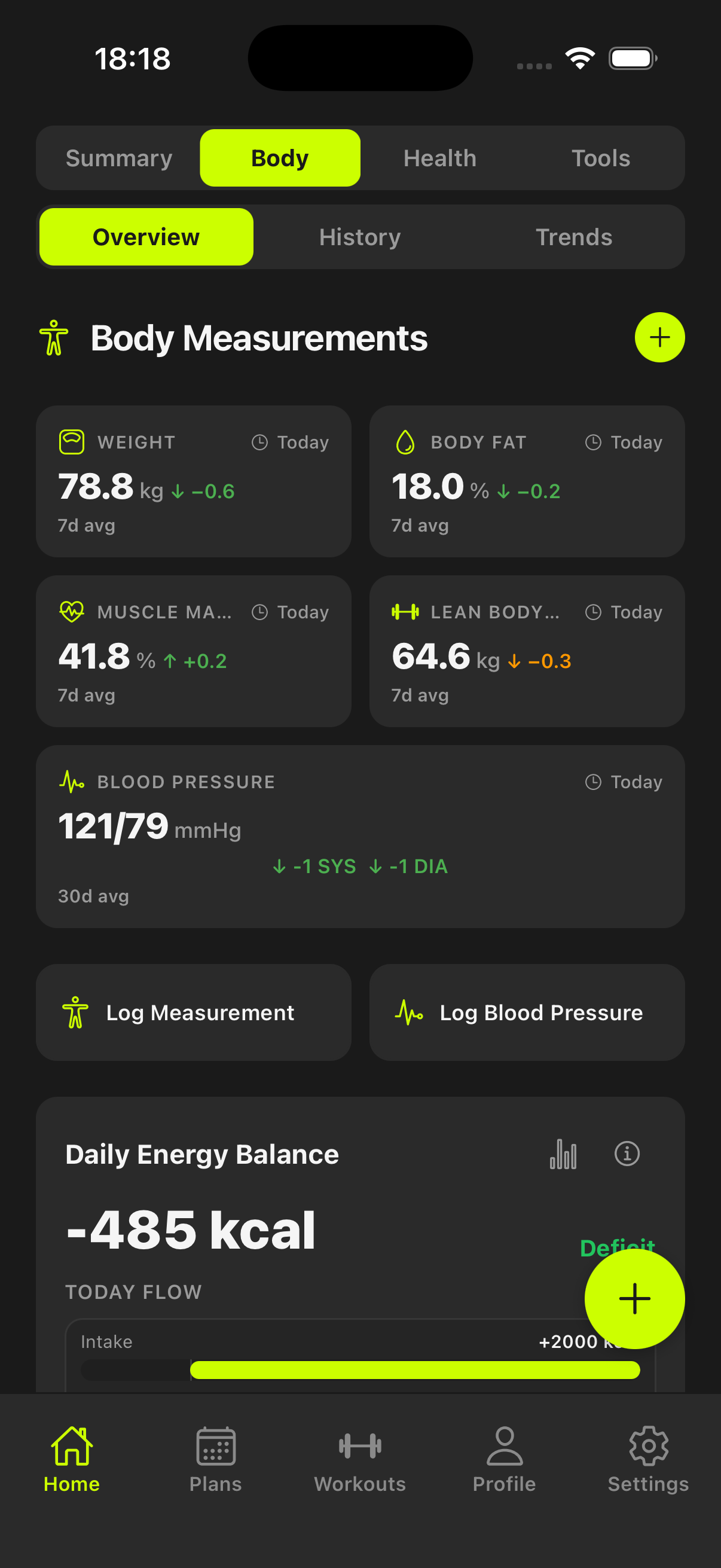 Body tracking overview with quick metric cards, recent entries, and direct access to logging workflows