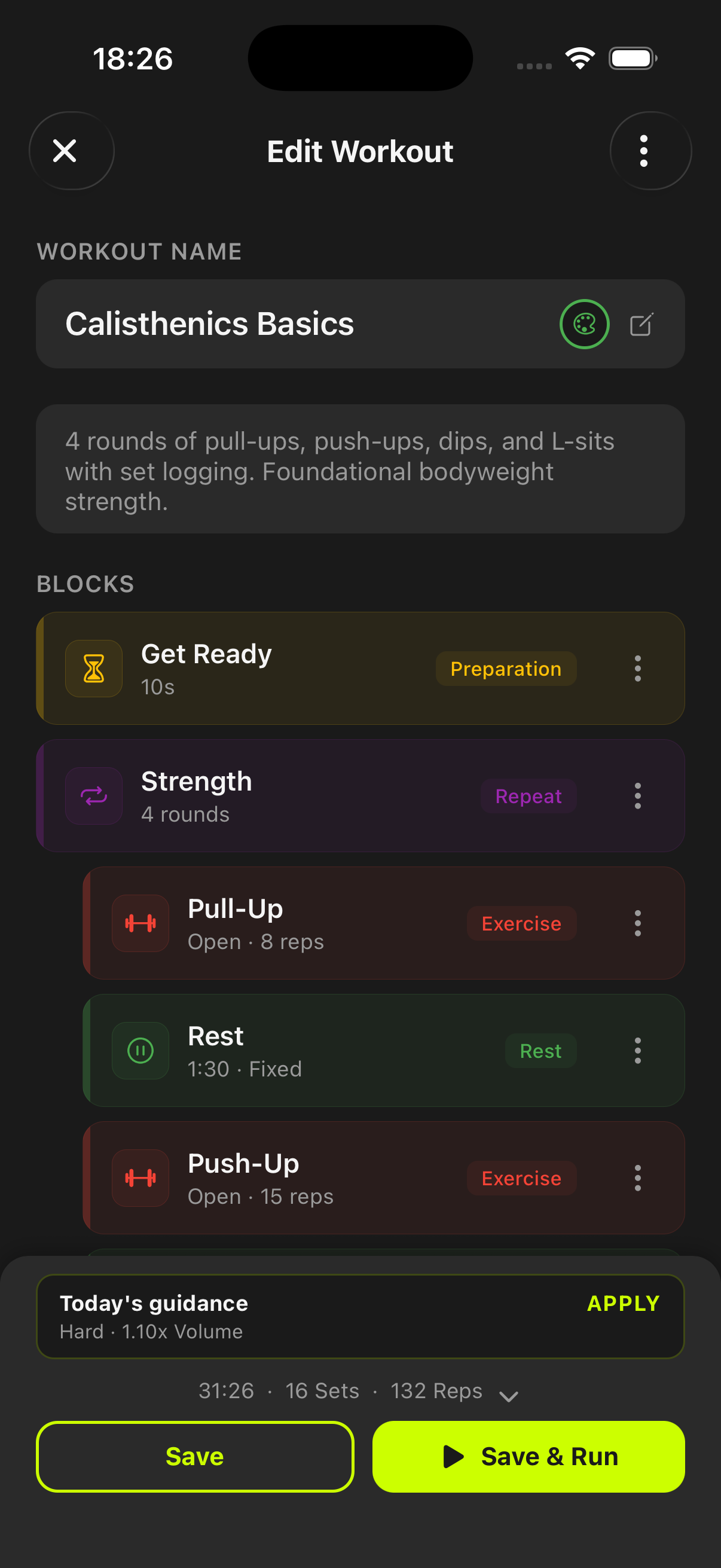 Workout editor screen with block structure and save actions