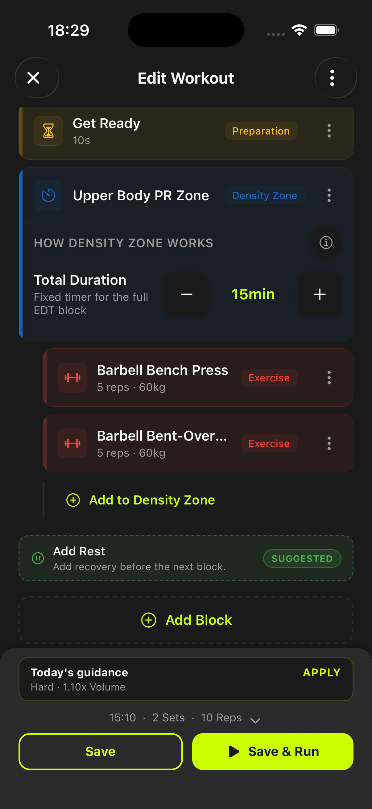 Workout editor density-zone block with fixed EDT duration and alternating exercise setup