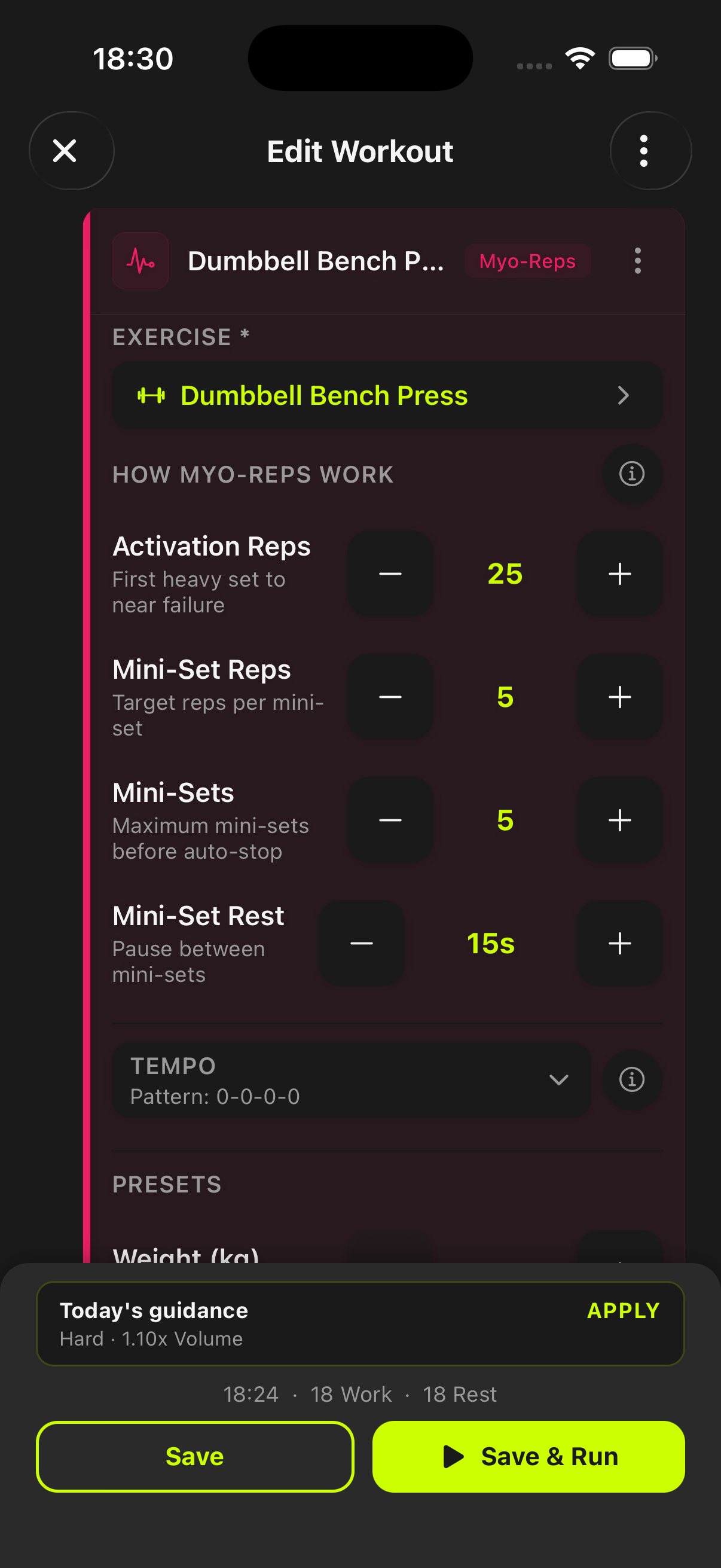 Workout builder showing myo-reps block configuration