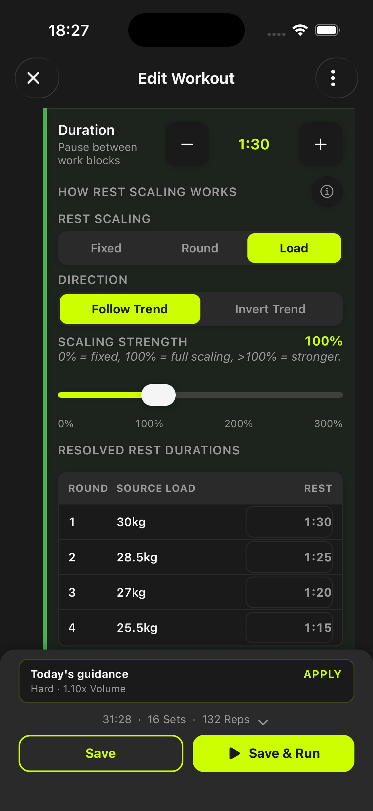 Workout builder rest scaling configuration screen