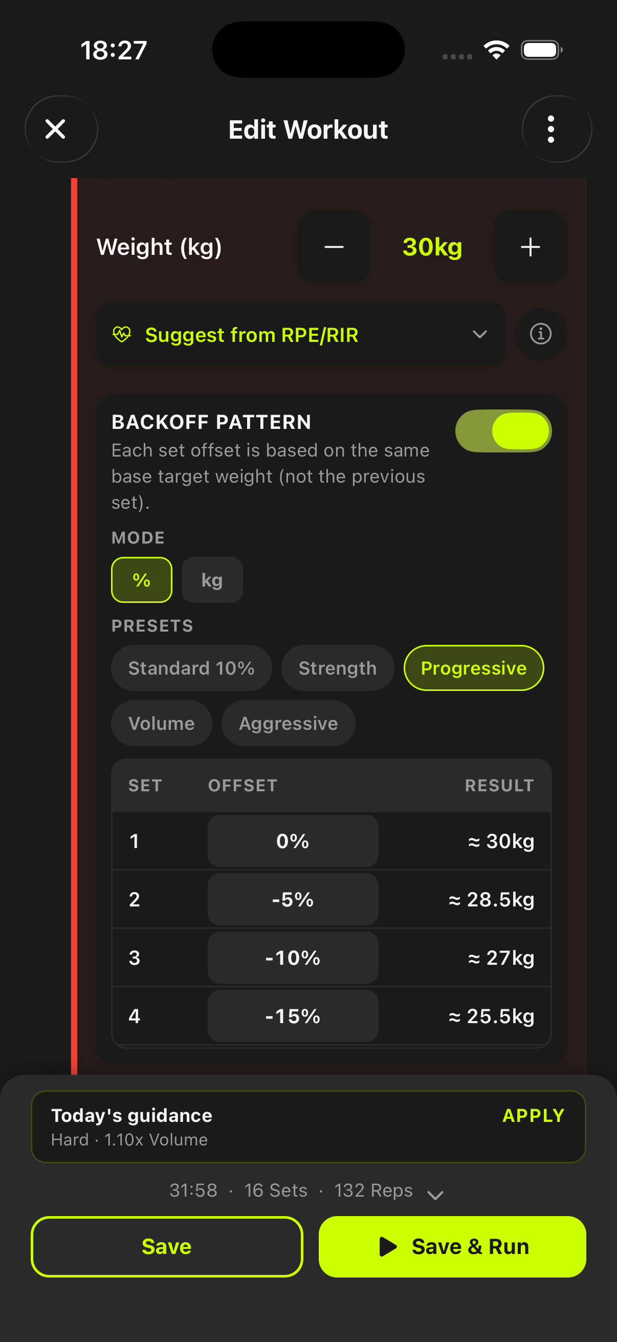 Strength builder screen with backoff-set mode and offset controls