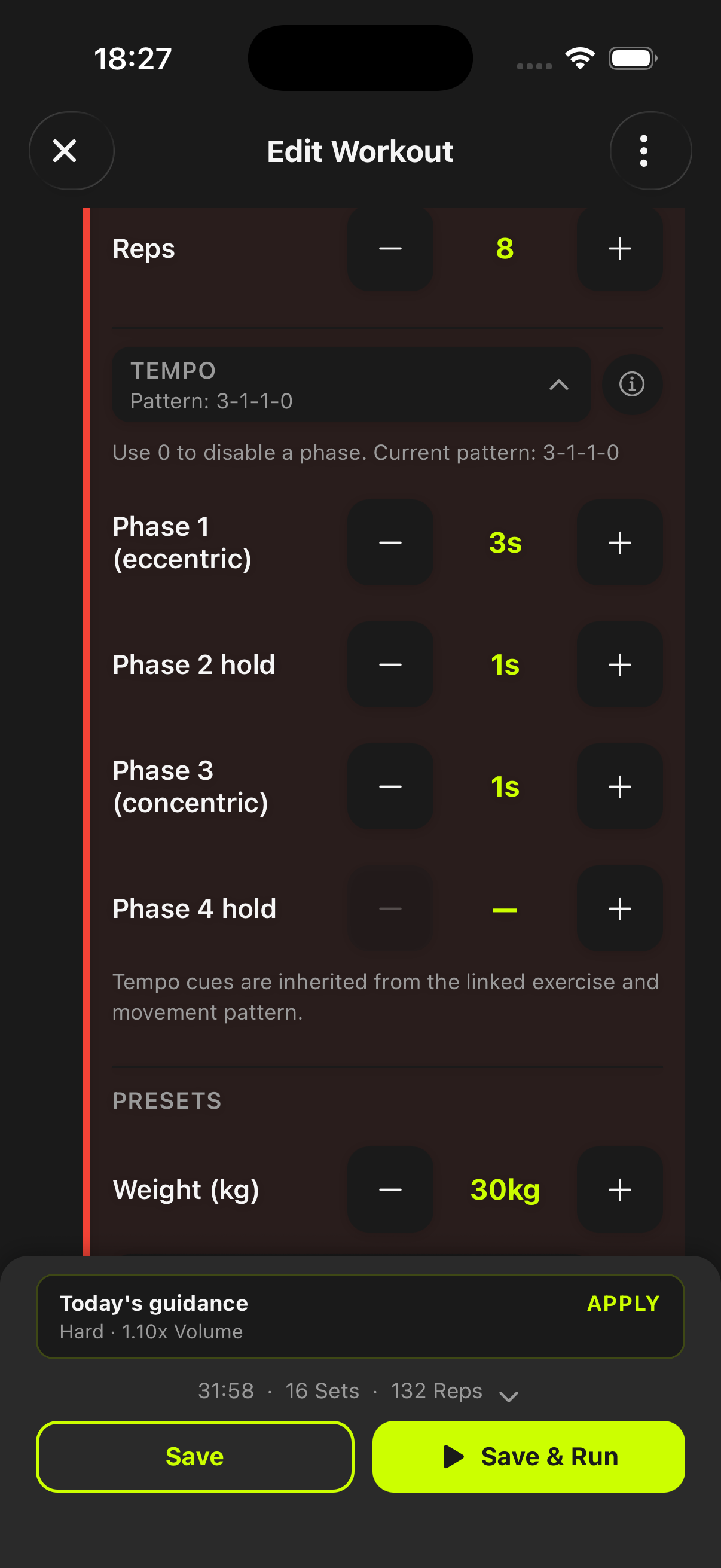 Strength builder screen with full 4-phase tempo controls