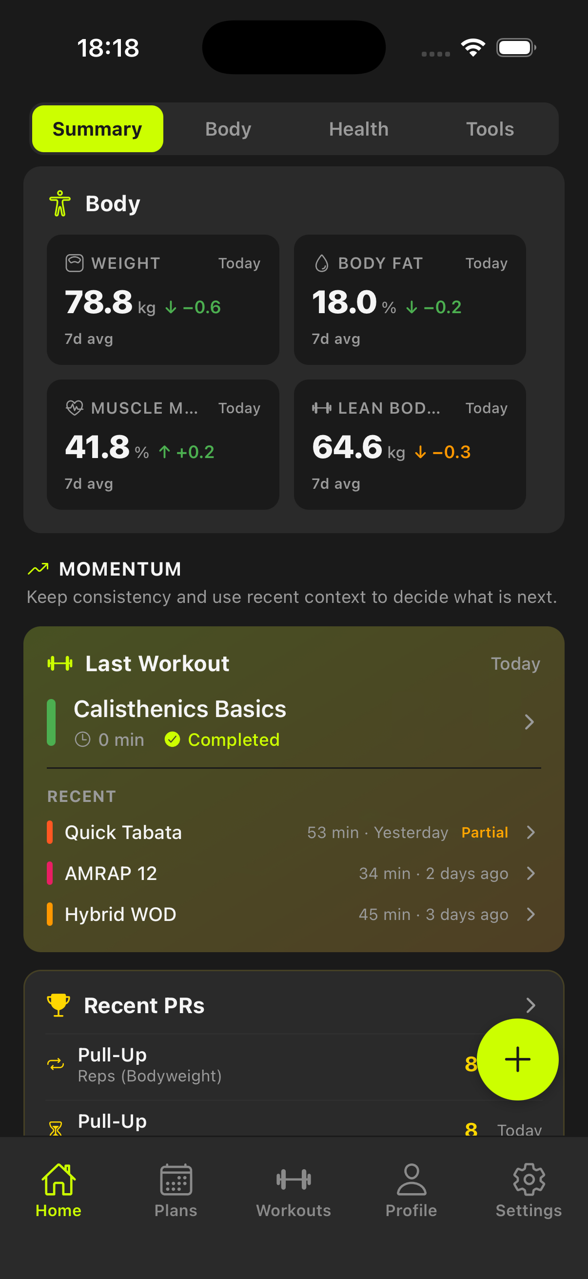 Home dashboard showing body momentum, recent sessions, and personal records context in one progress overview