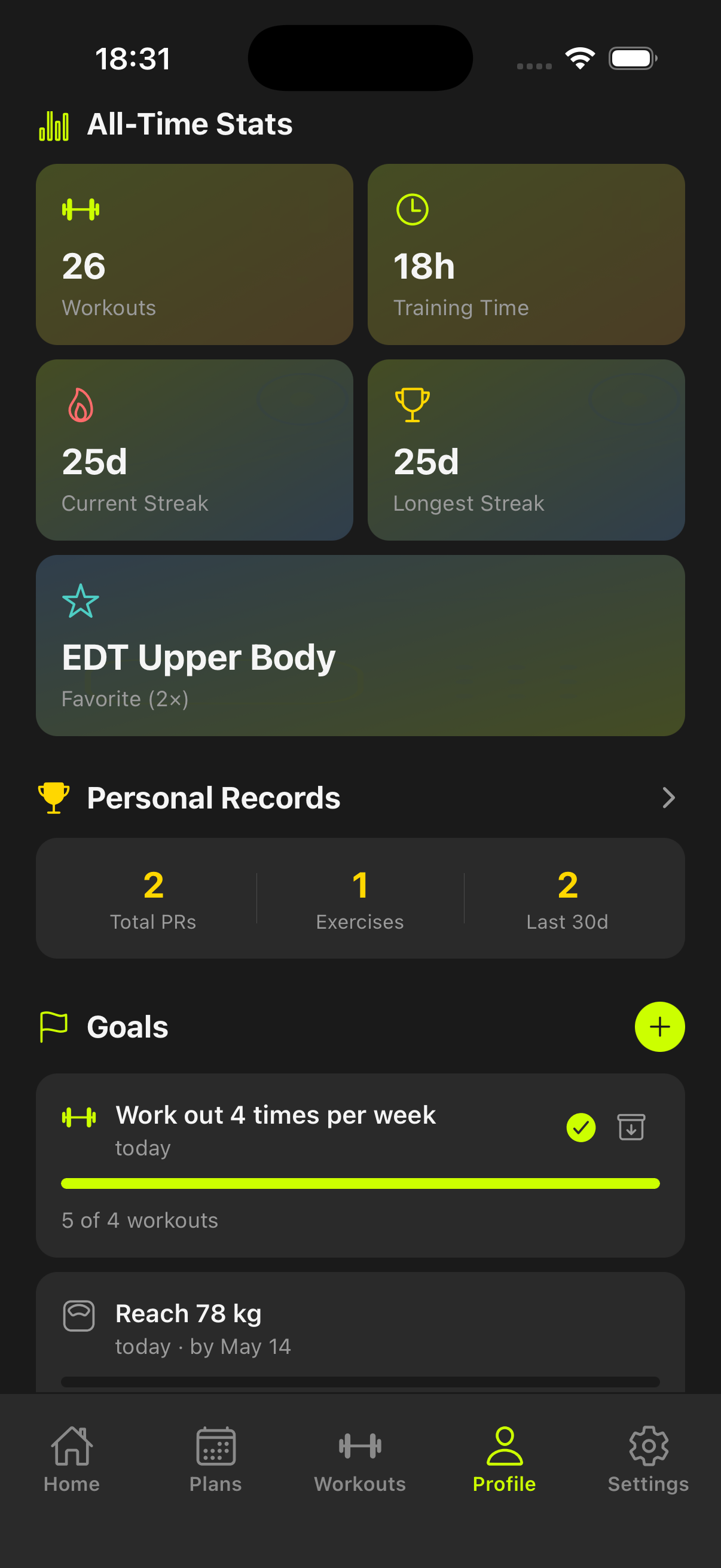 Goal tracking profile screen with metric-based goal cards, progress bars, and all-time training context