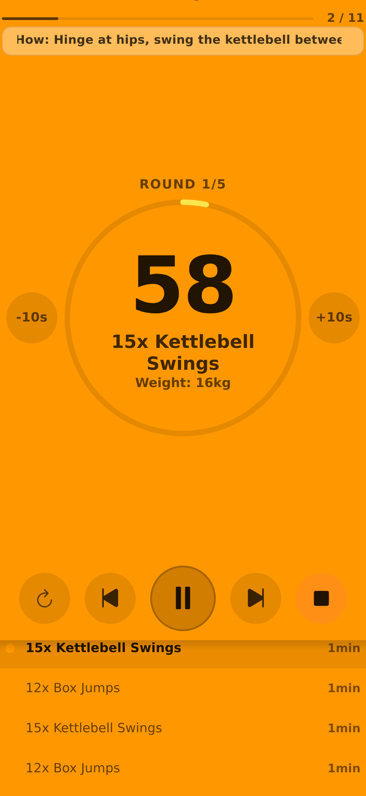 EMOM workout run screen with timed step, round progress, and next-step cue