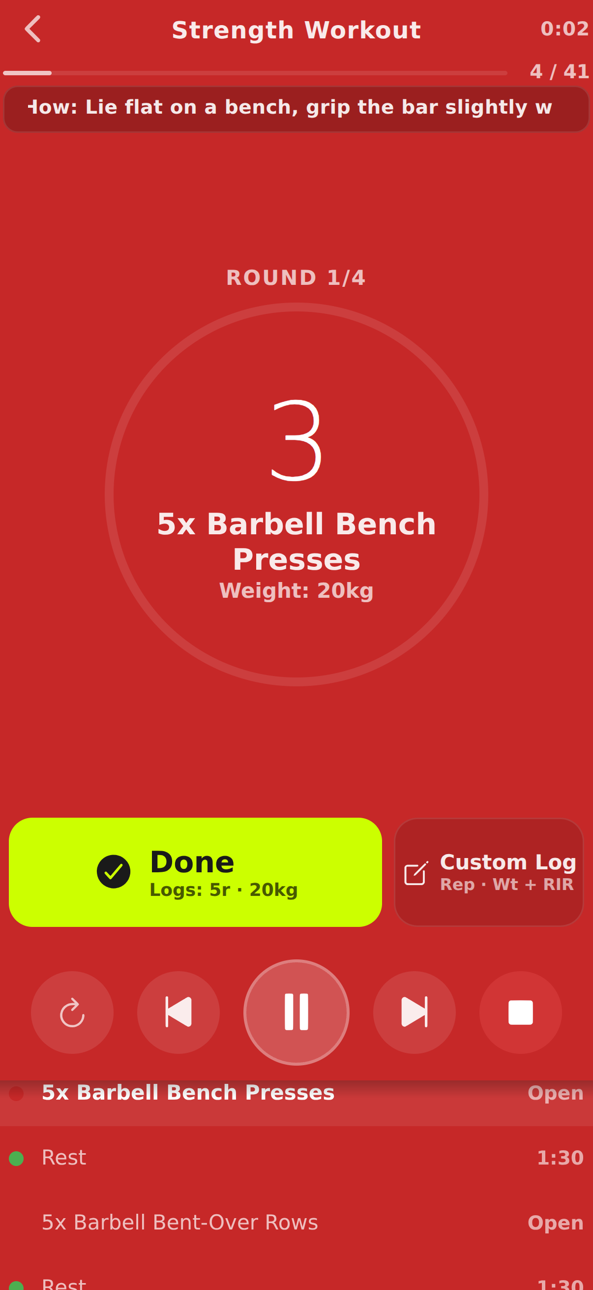Backoff-oriented runtime execution on weighted bench press with per-set load context and fast done or custom logging