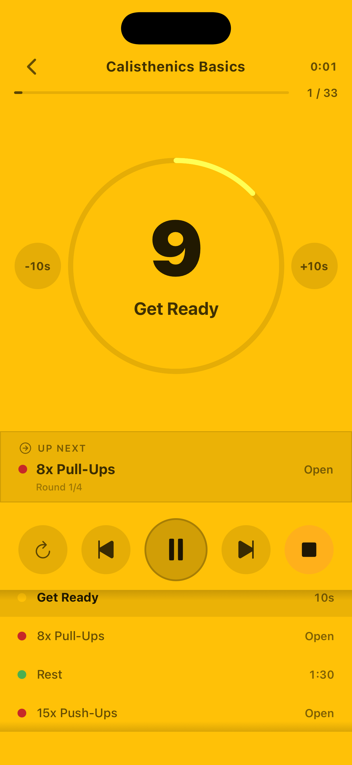 Workout execution screen with countdown timer and upcoming step cue