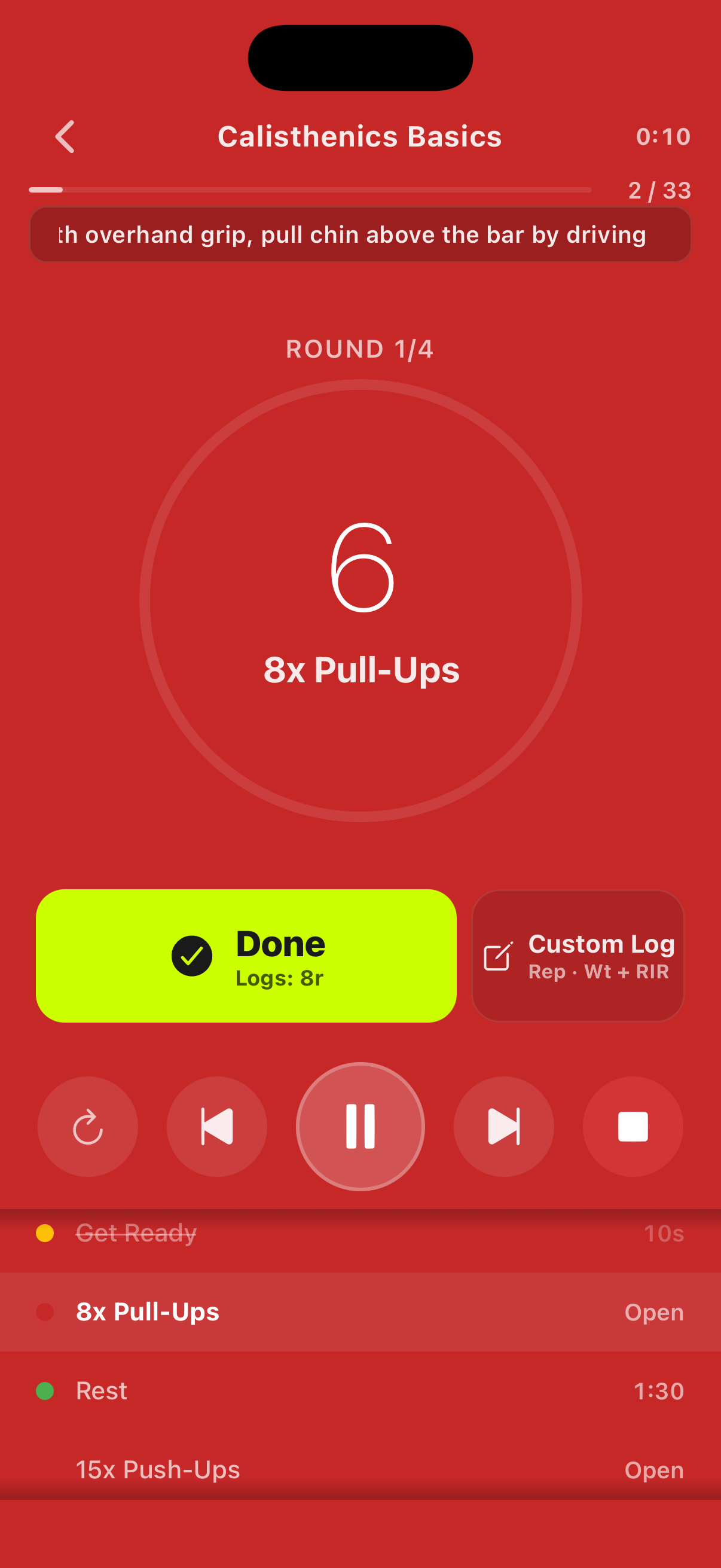 Workout run screen with completed pull-up set logging panel