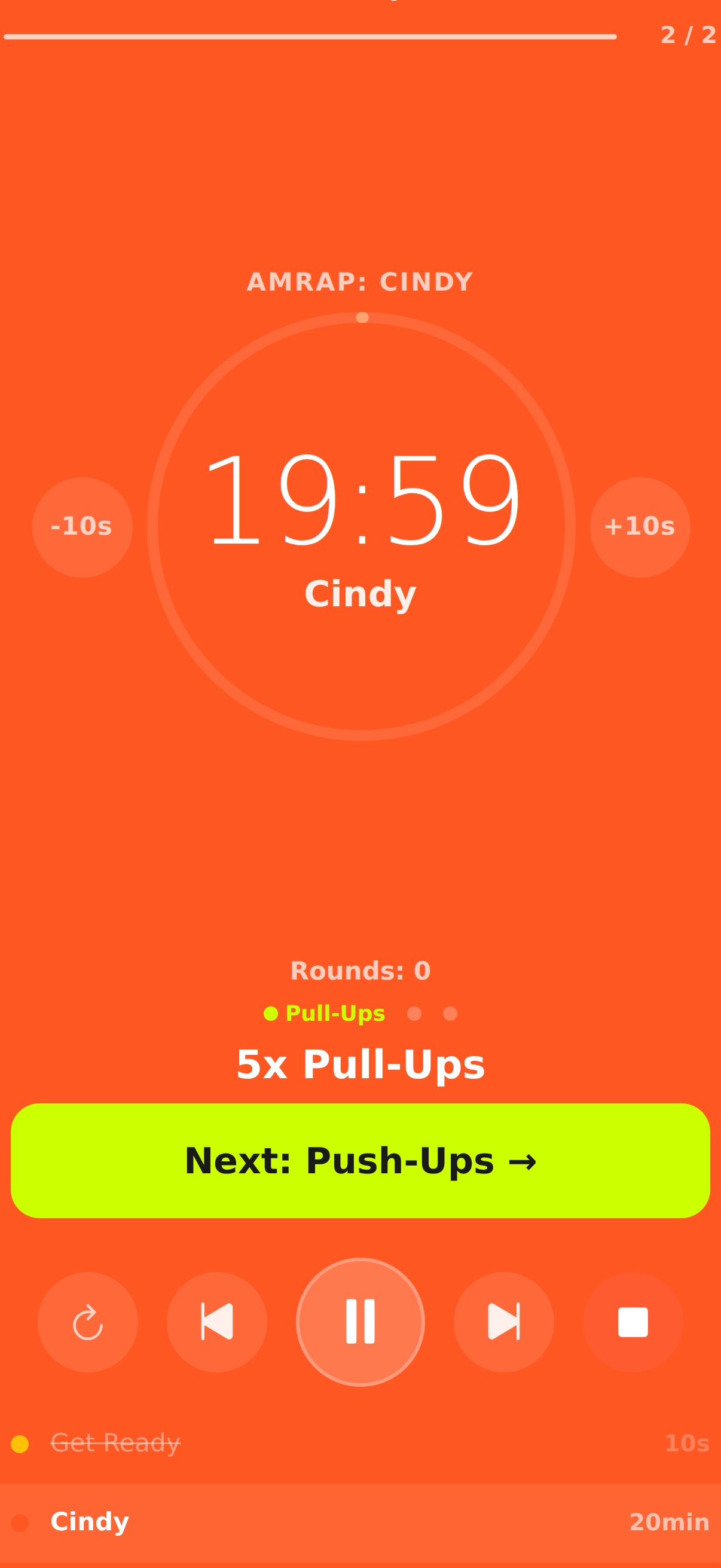 AMRAP countdown run screen with live rounds, current substep, and next-exercise cue