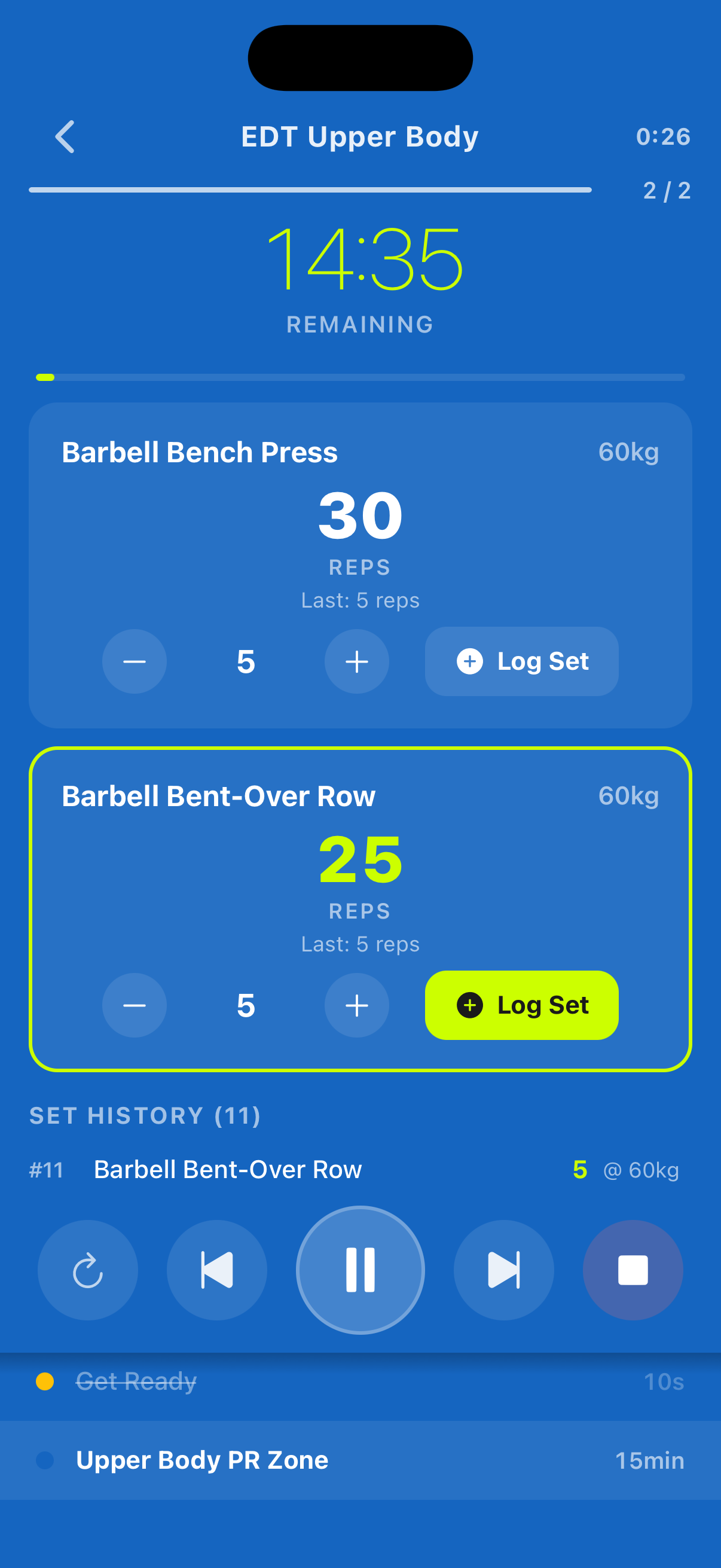EDT density-zone run screen with fixed timer, alternating exercises, and live set history