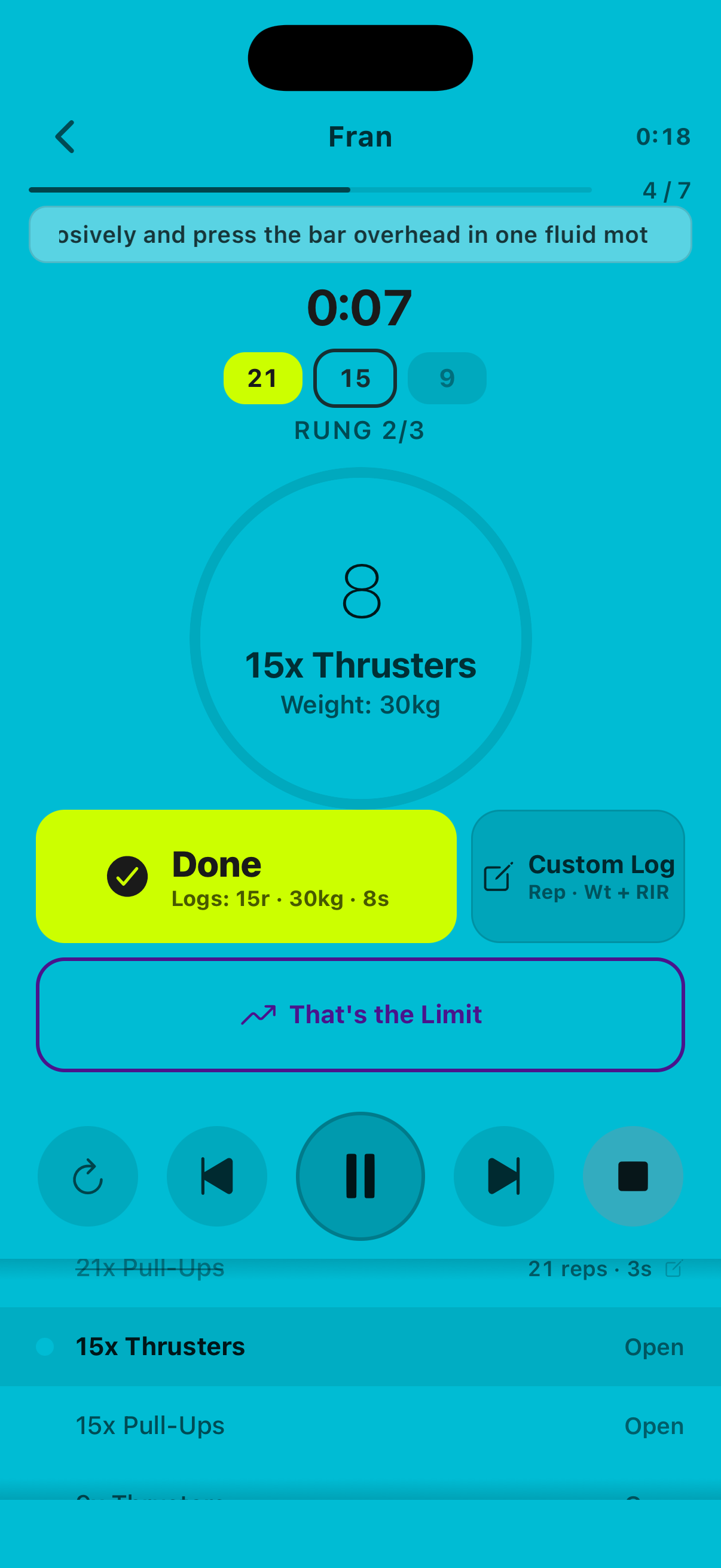 Ladder workout run screen showing active rung, progression context, and next-step cue