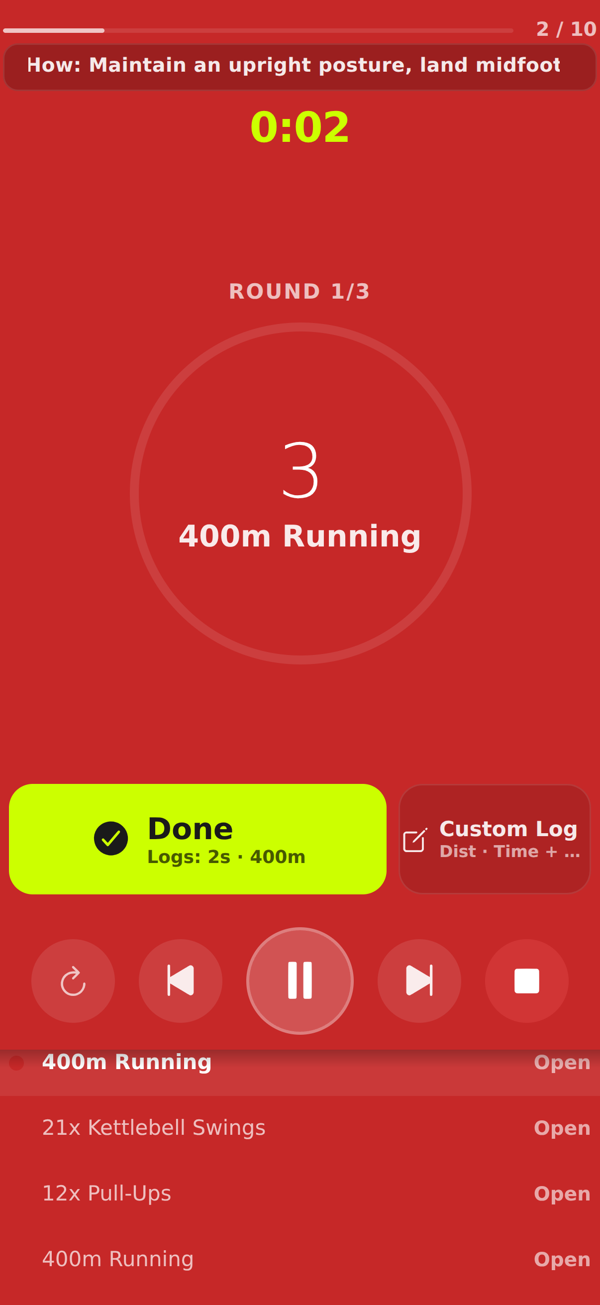 For Time run screen with open count-up step, round context, and done or custom log actions