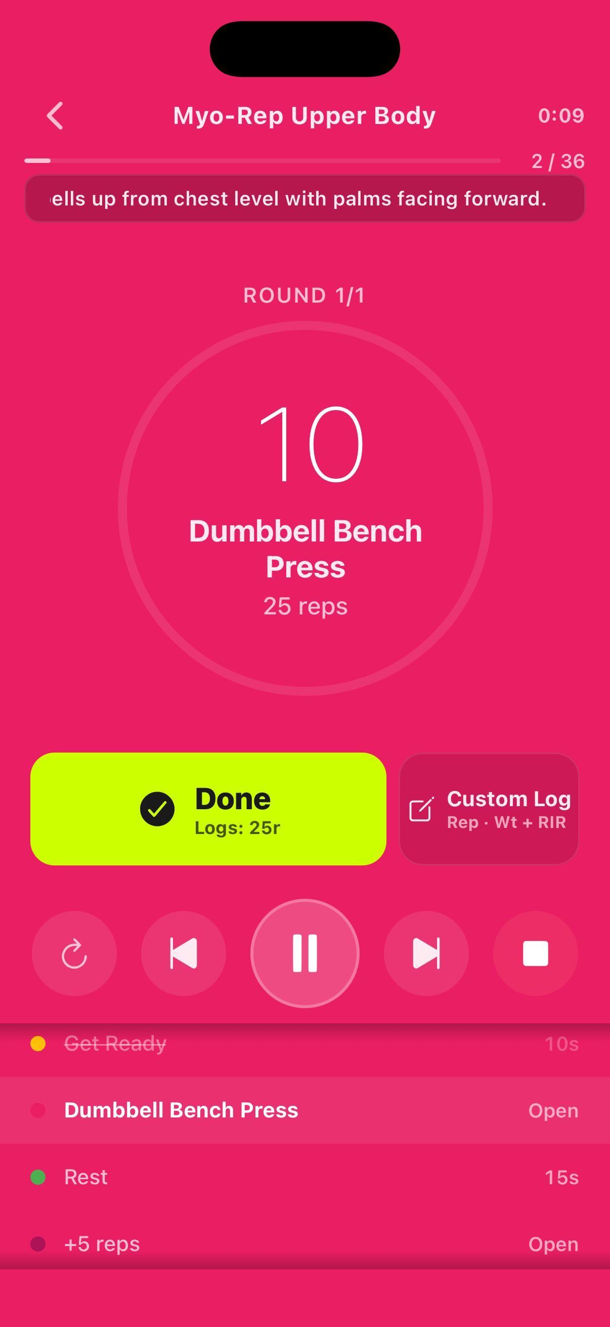 Myo-Reps run screen showing activation or mini-set progression with in-session logging controls