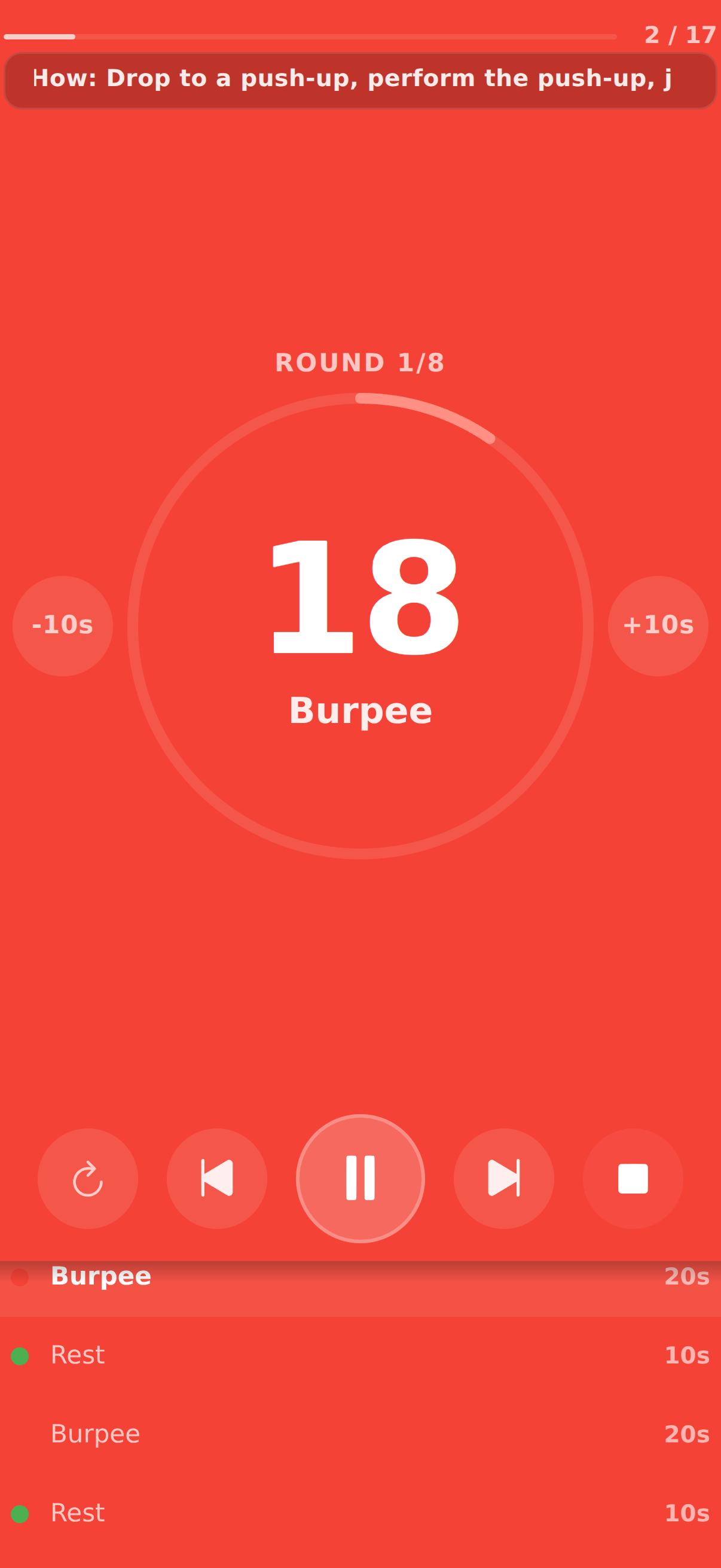 HIIT run screen with Tabata-style timed intervals, round progress, and explicit work-rest transitions