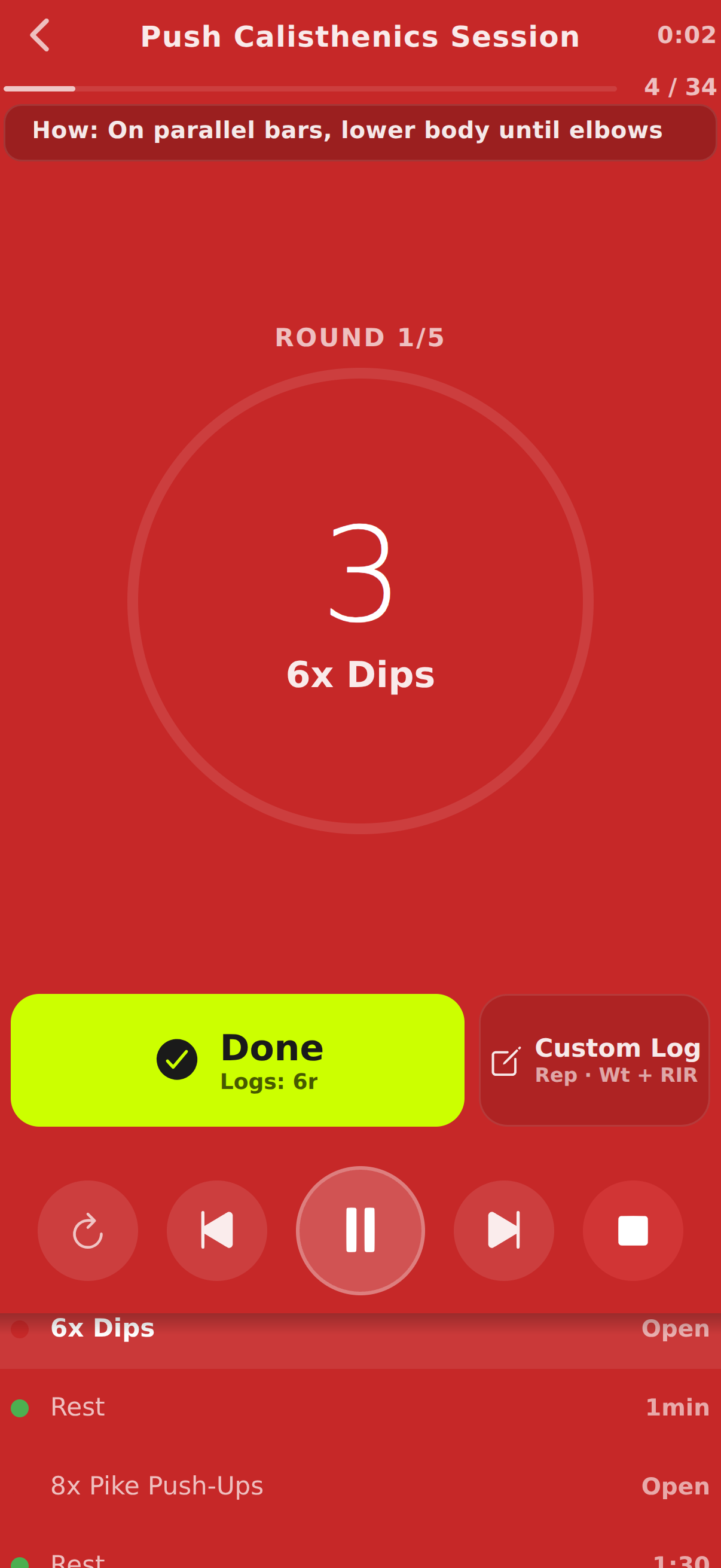 Tempo-focused runtime execution on dip work with coaching cue banner and quick log controls during active strength reps