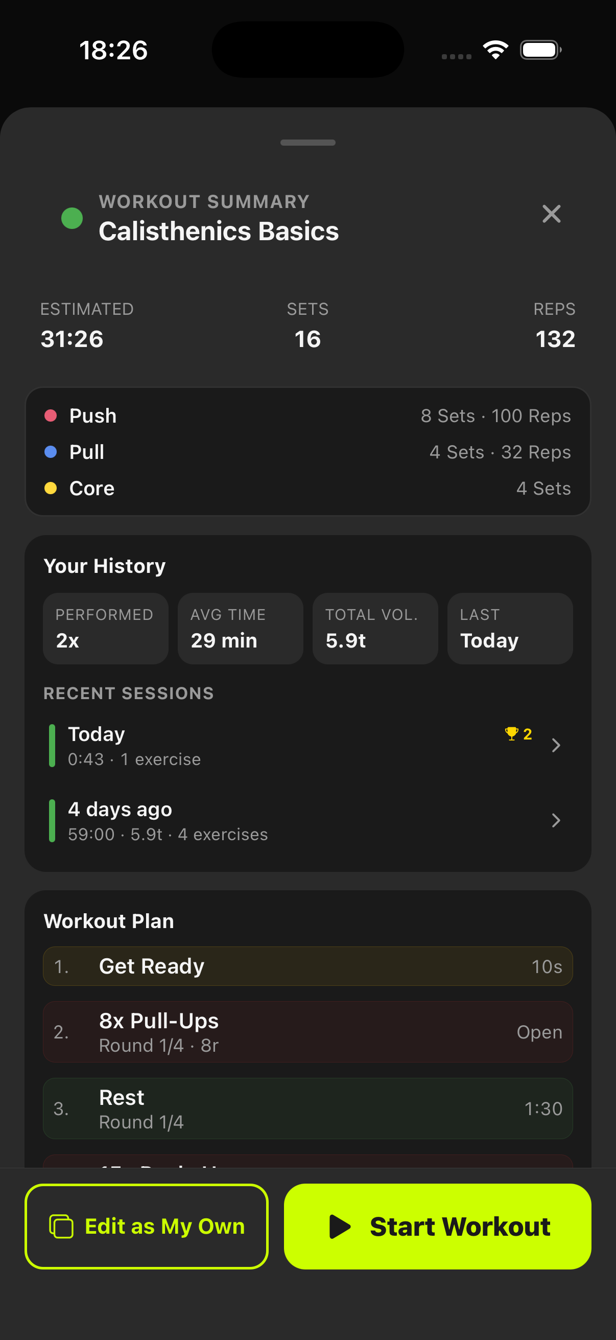 Template summary screen with history and workload preview