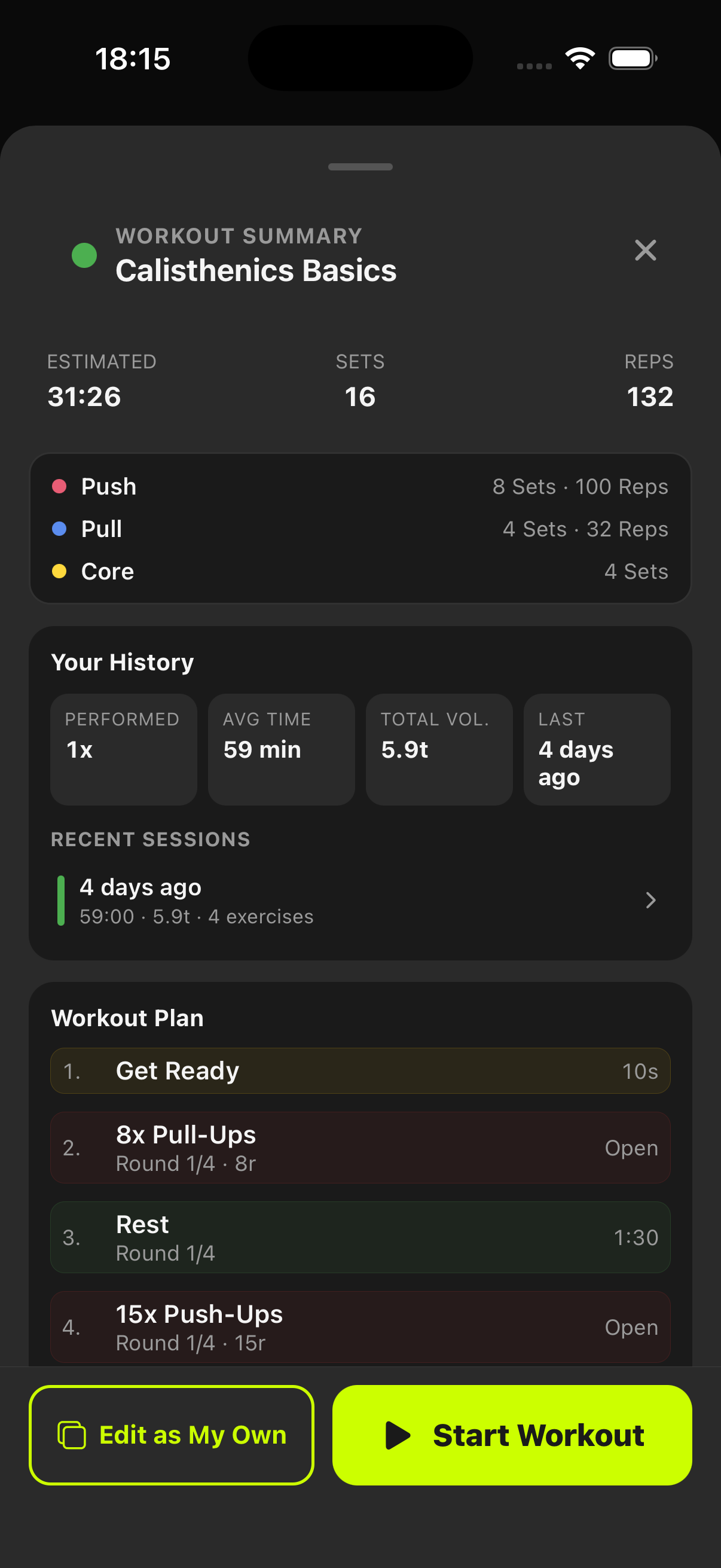 Workout summary preview screen with workload and start controls