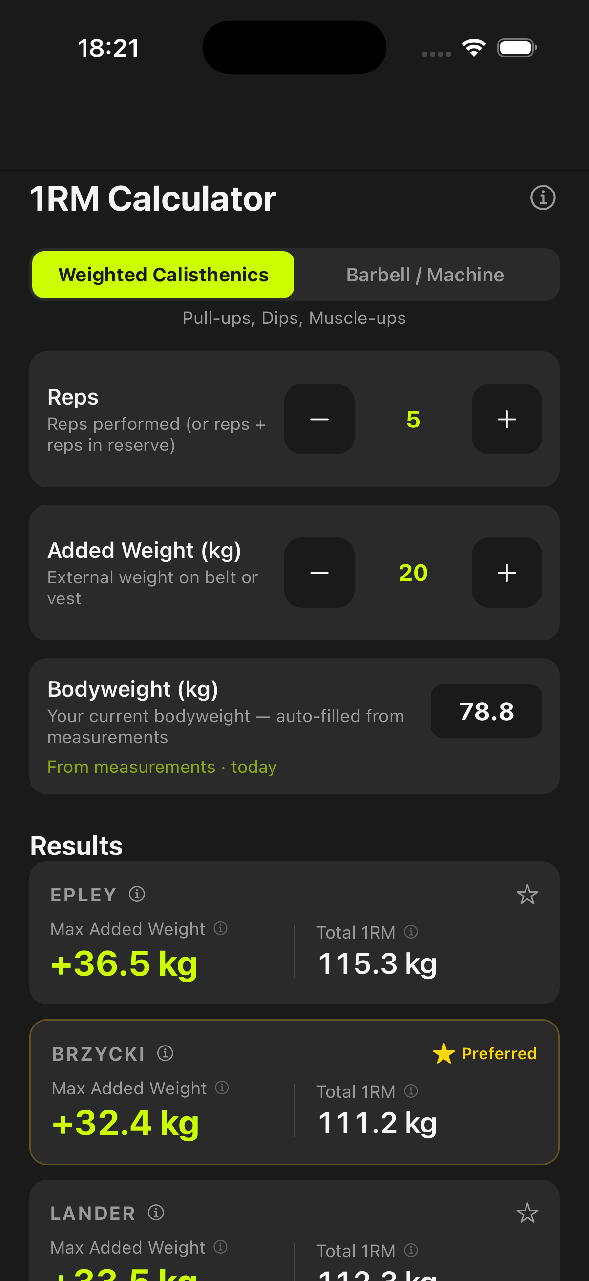 1RM calculator main screen with weighted calisthenics mode, reps and load inputs, and compared estimates