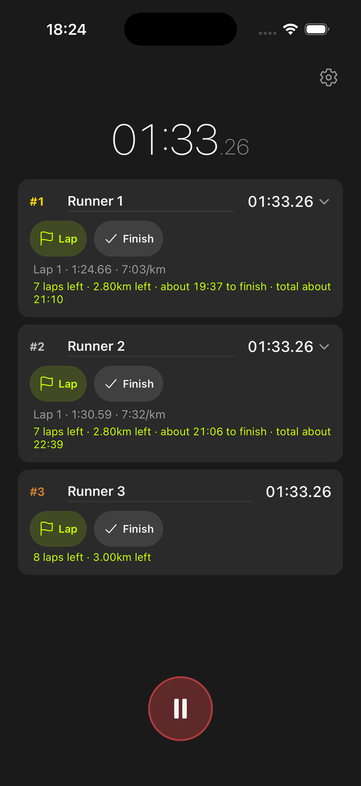 Multi stopwatch runner list showing per-runner lap pace and distance-left context during one active timing session