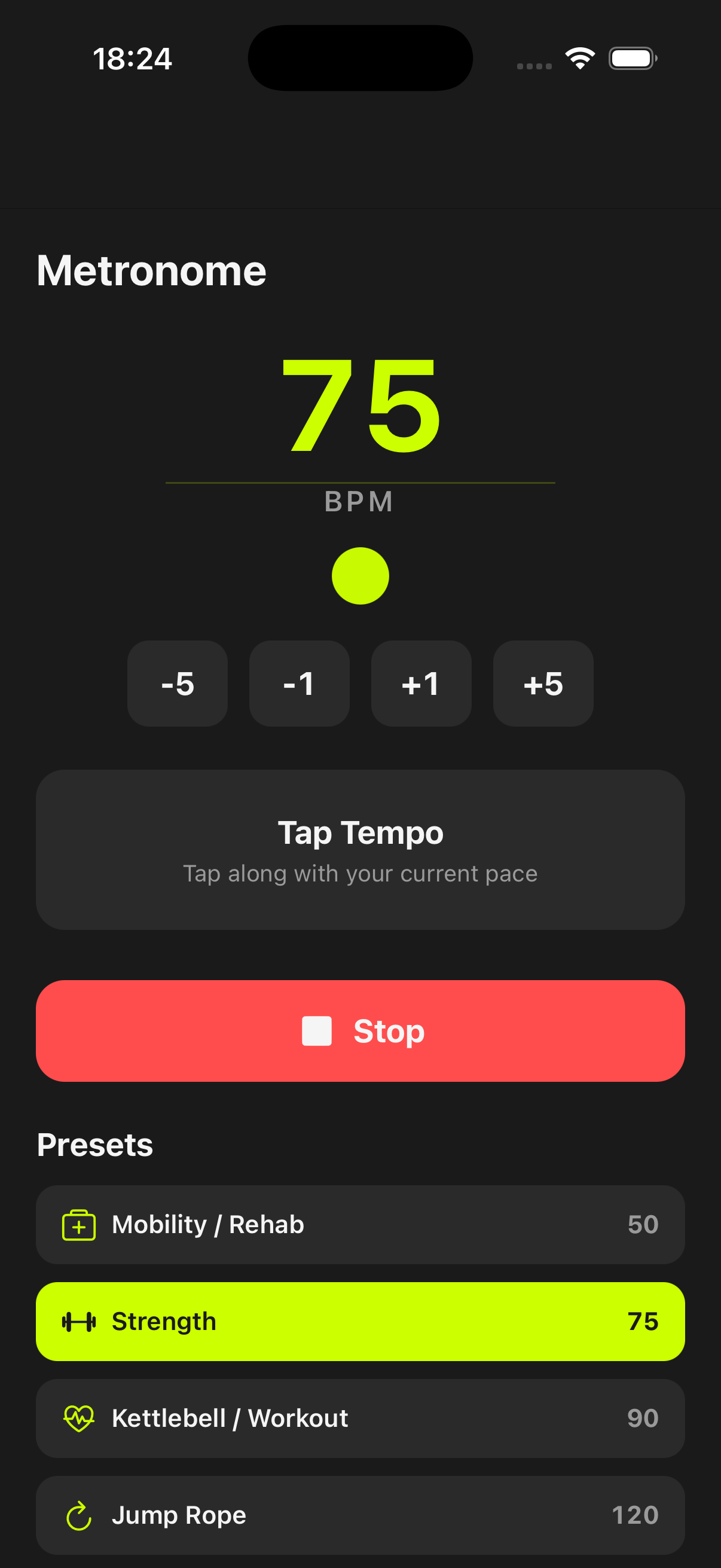 Metronome tool screen showing BPM controls and preset list for strength and conditioning pace work