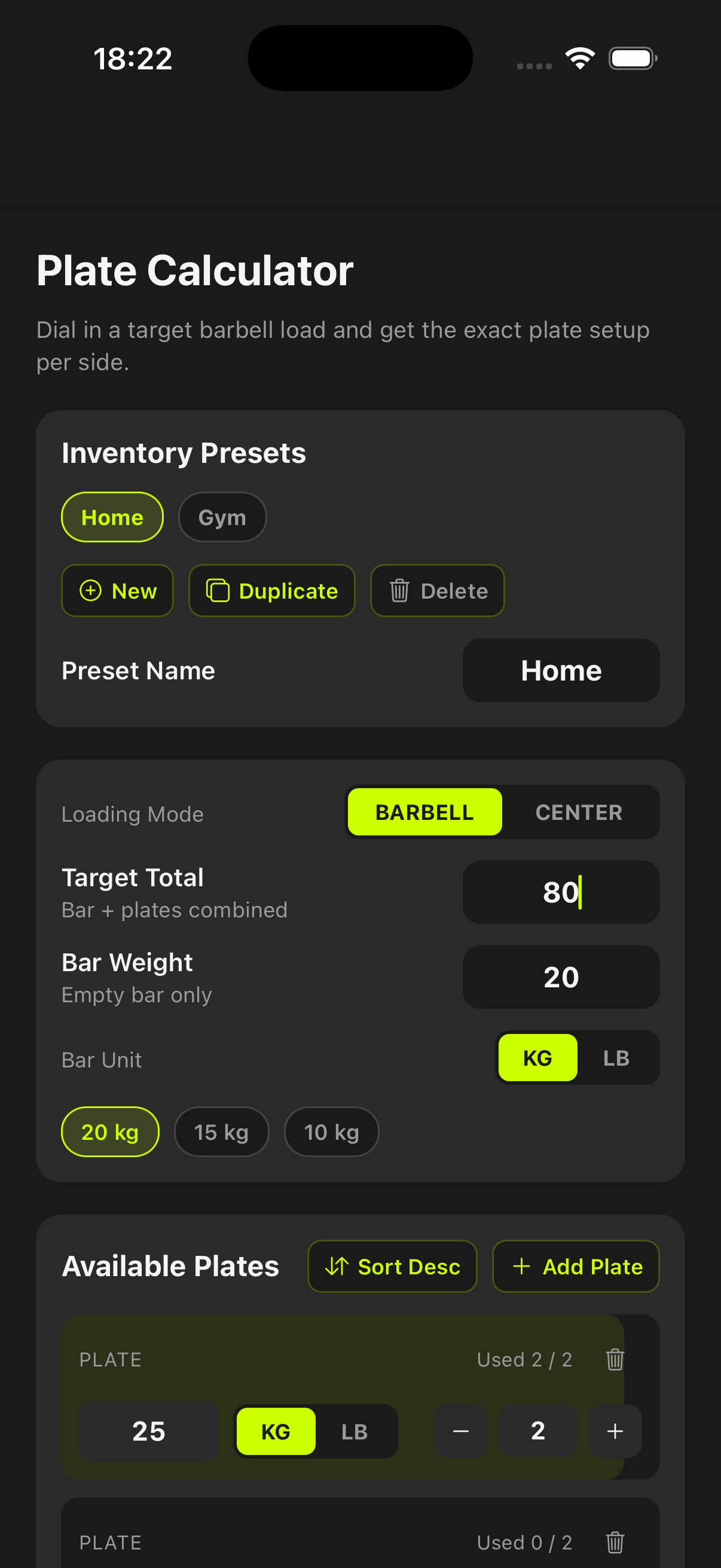 Plate calculator setup screen with inventory presets, loading mode, and target barbell configuration