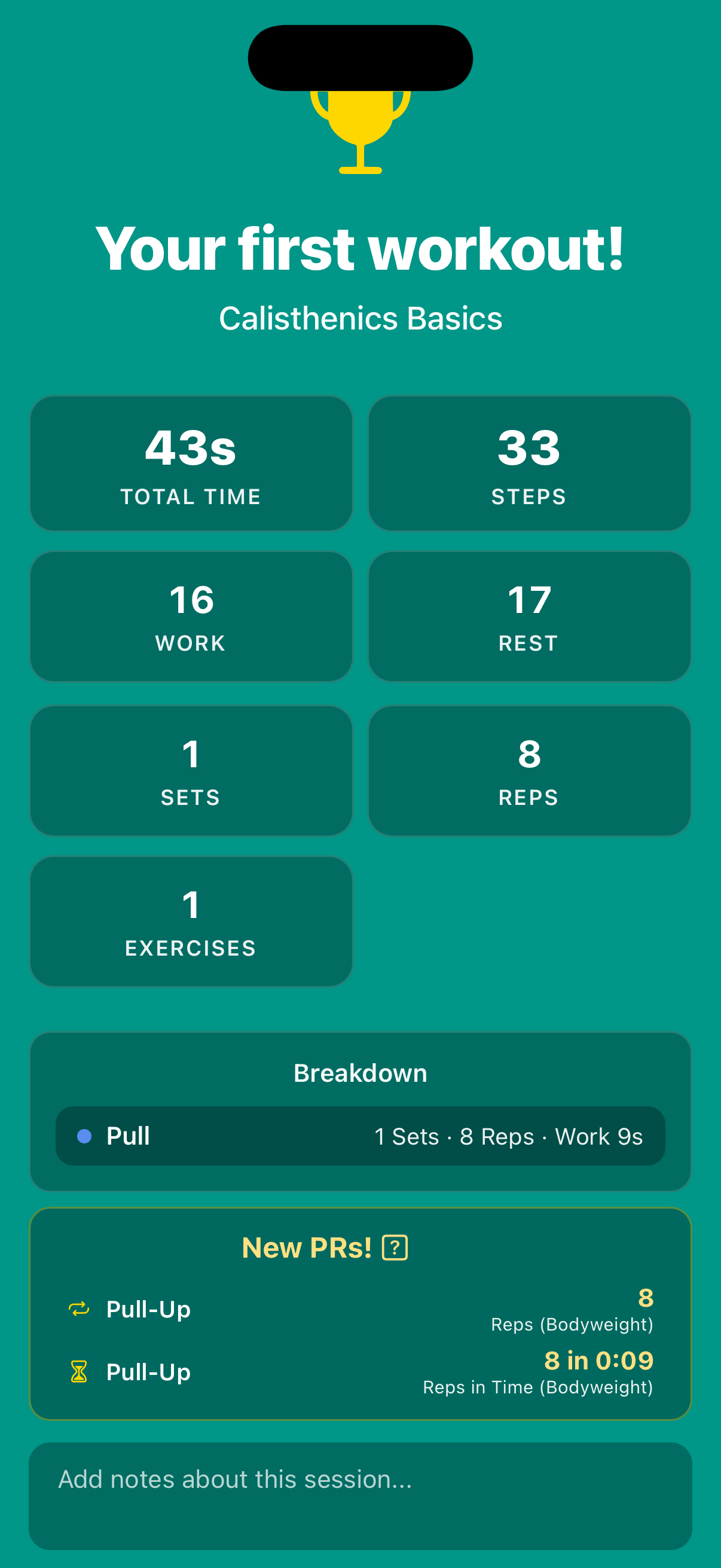 Workout completion summary highlighting session statistics, PR achievements, and notes after finishing training