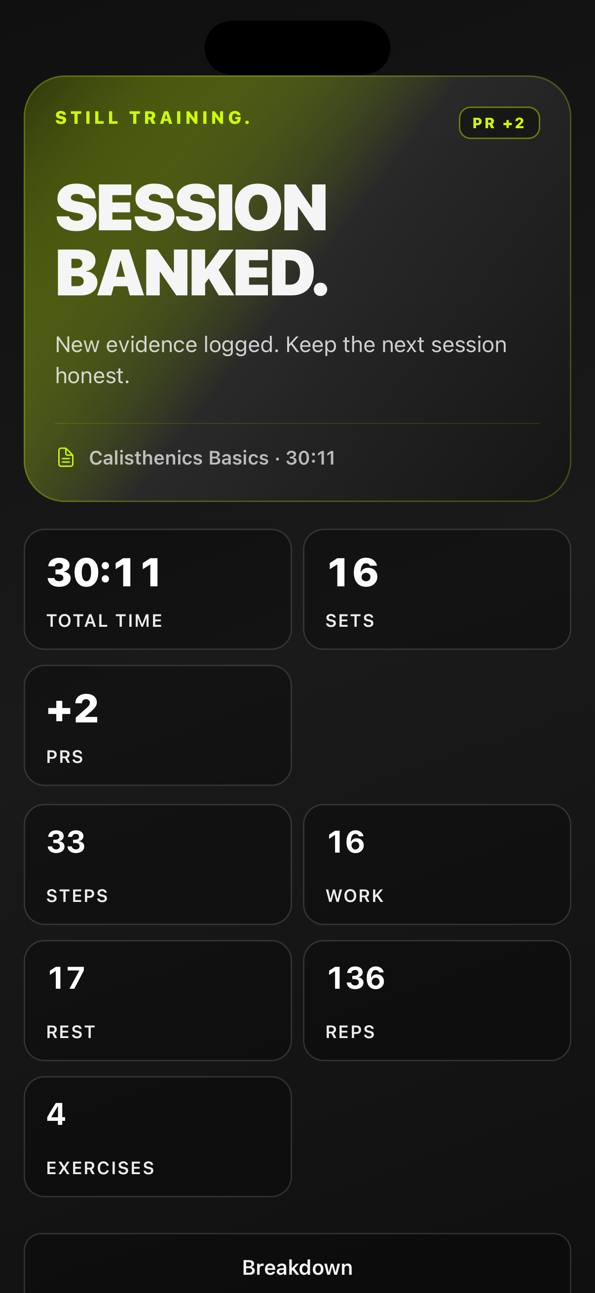 untraind workout completion screen with PRs, notes, and training summary