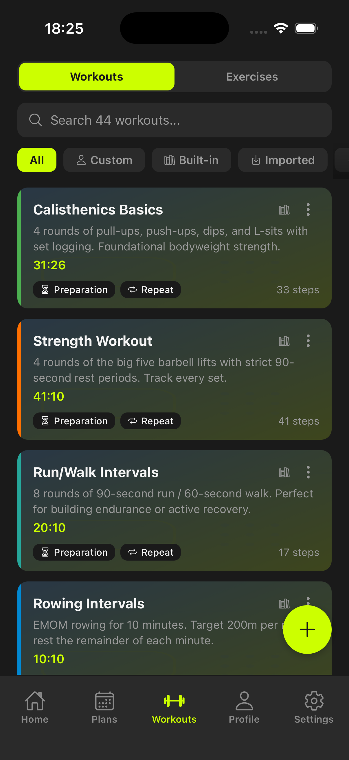 Workout library list with template cards and quick filters